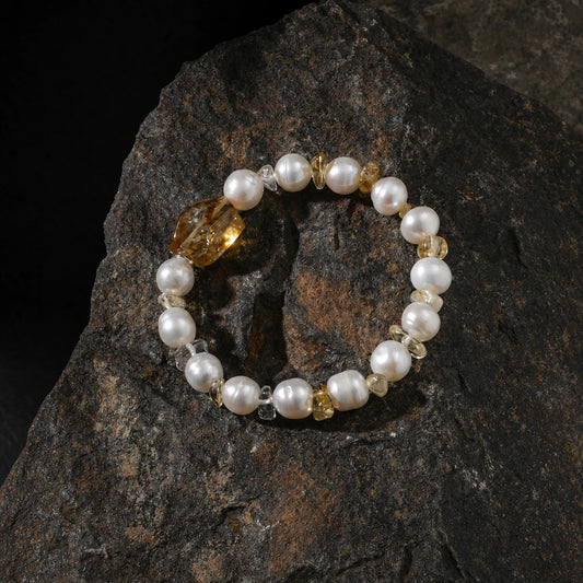 Close-up of citrine and freshwater pearl bracelet