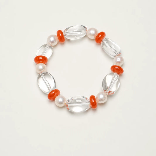 Close-up of white quartz, carnelian and freshwater pearl bracelet