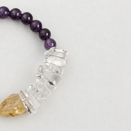 Close-up of citrine, white crystal spike and amethyst pearl bracelet