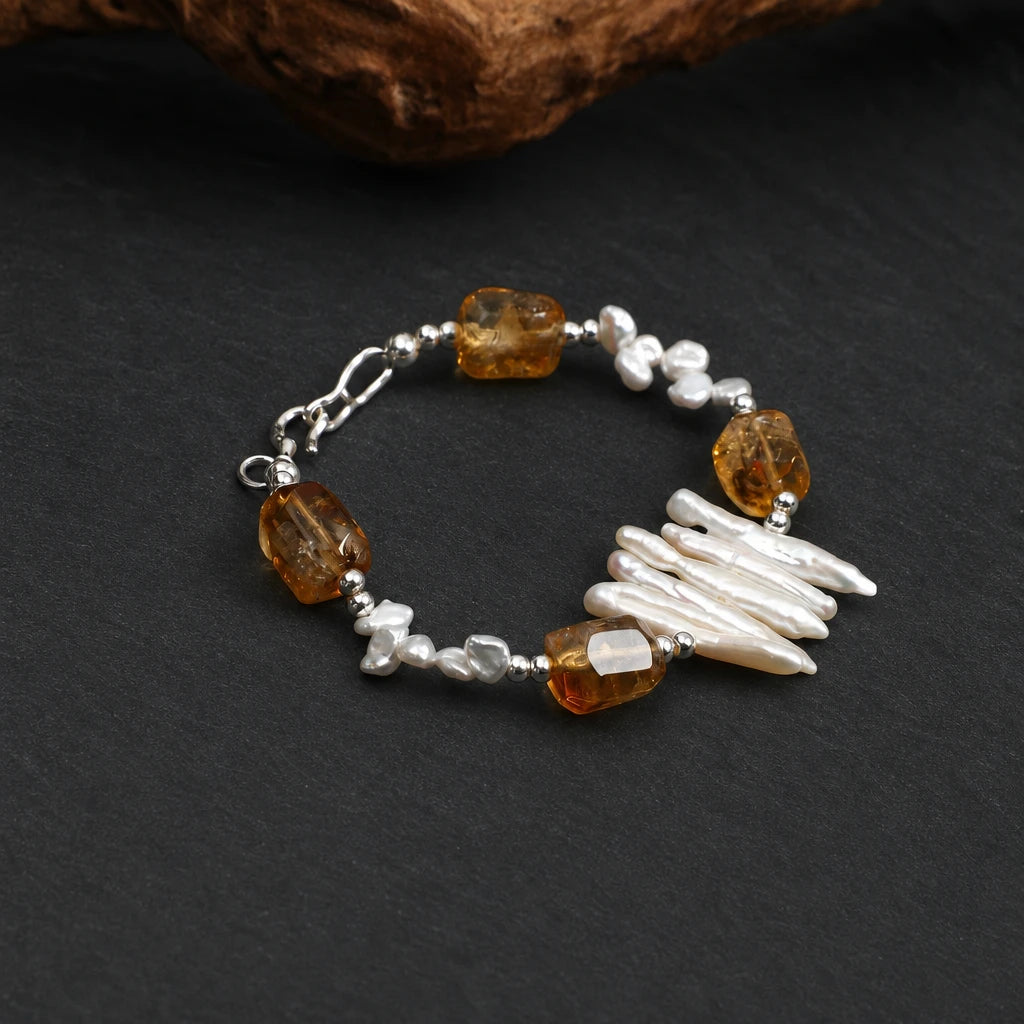 Citrine & Baroque Pearl Silver Bracelet