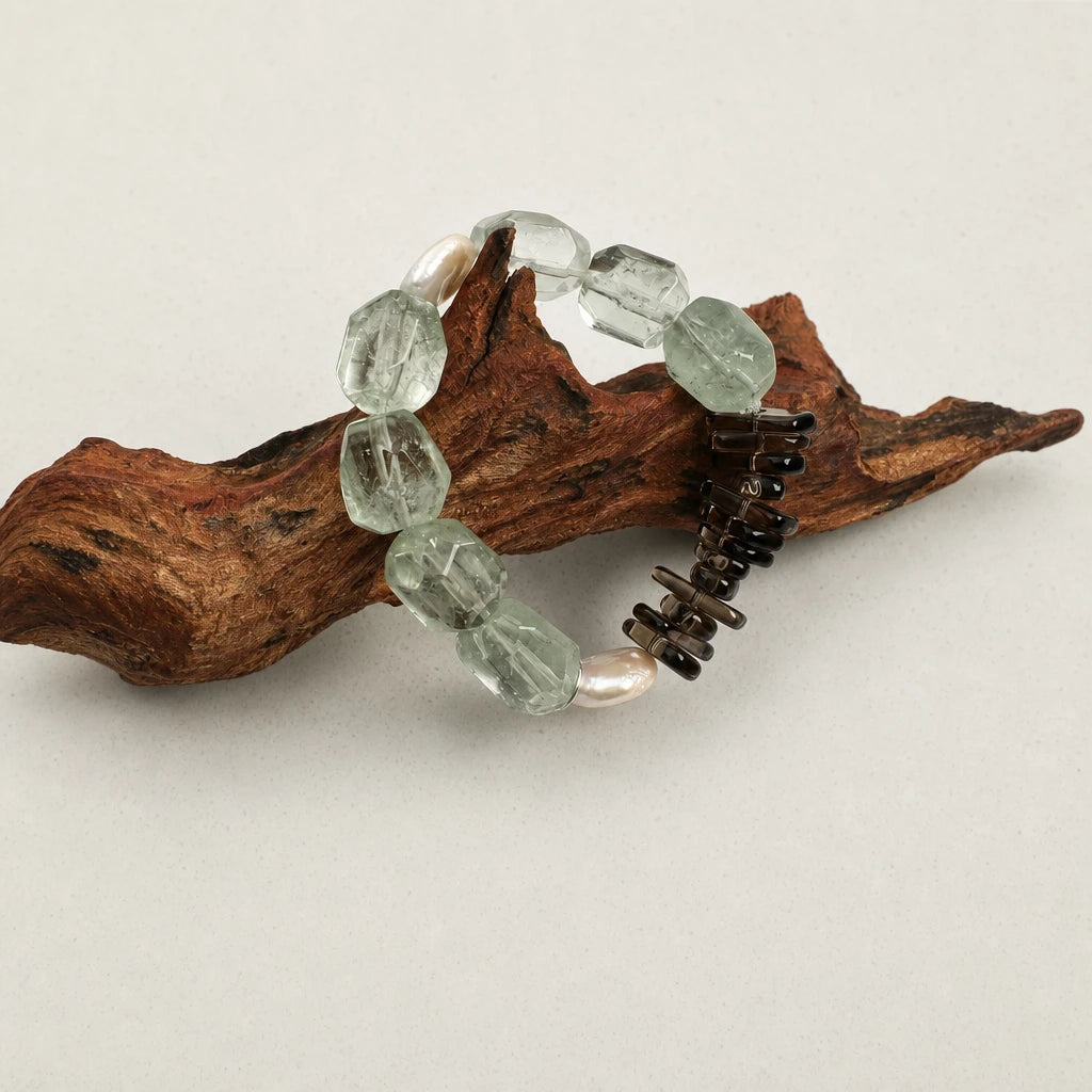 Green Crystal, Smoky Quartz & Baroque Pearl Bracelet