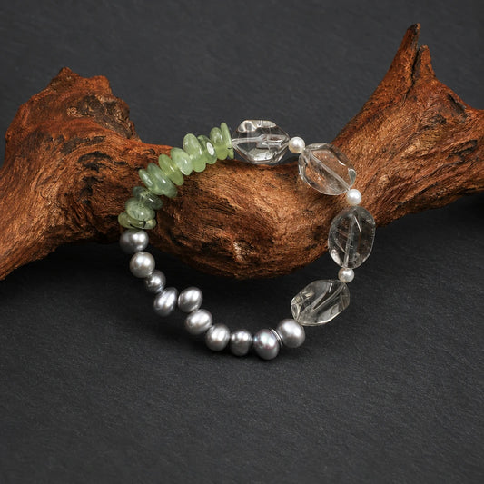 Close-up of Green Crystal, Grey Pearl & Prehnite Bracelet