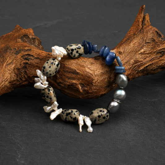 Close-up of Spotted Stone, Grey Baroque Pearl & Blue Crystal Bracelet