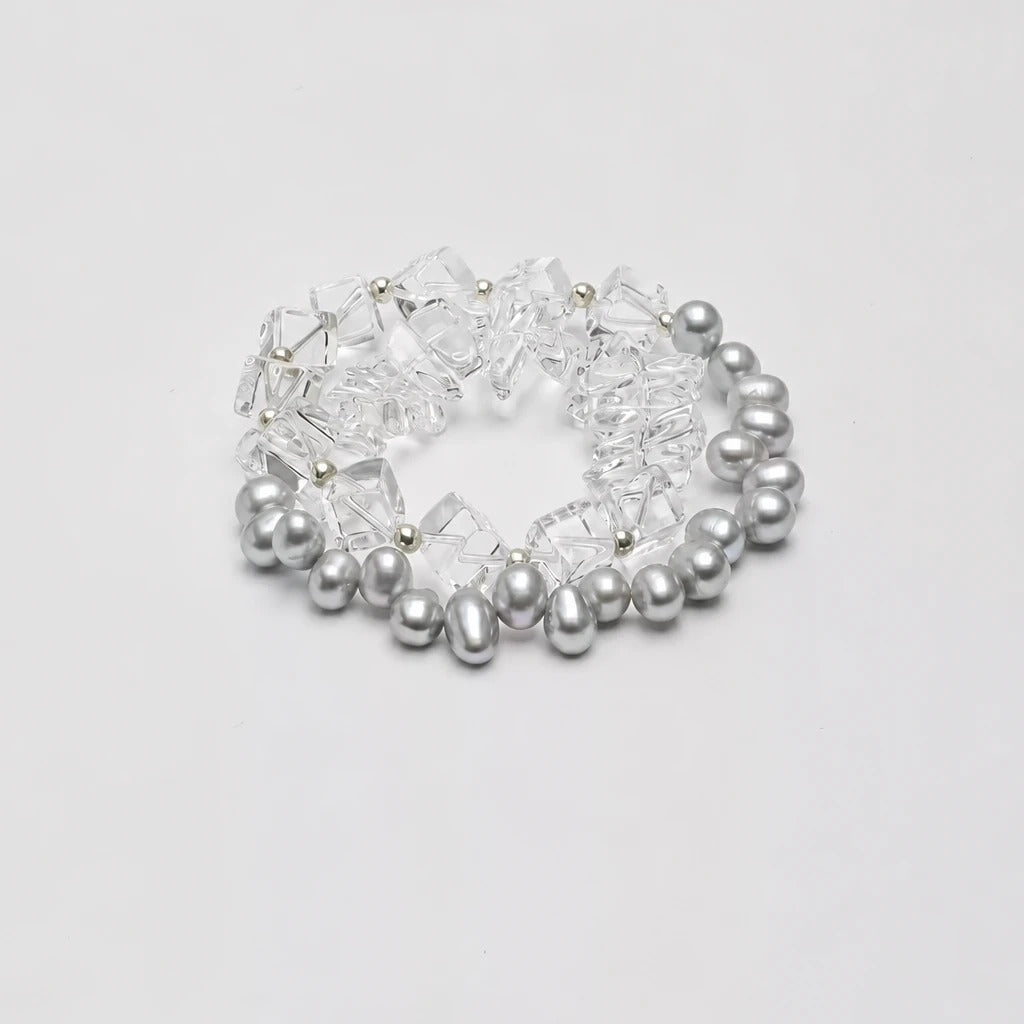 Grey Freshwater Pearl & White Quartz Double Bracelet