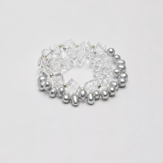 Grey Freshwater Pearl & White Quartz Double Bracelet