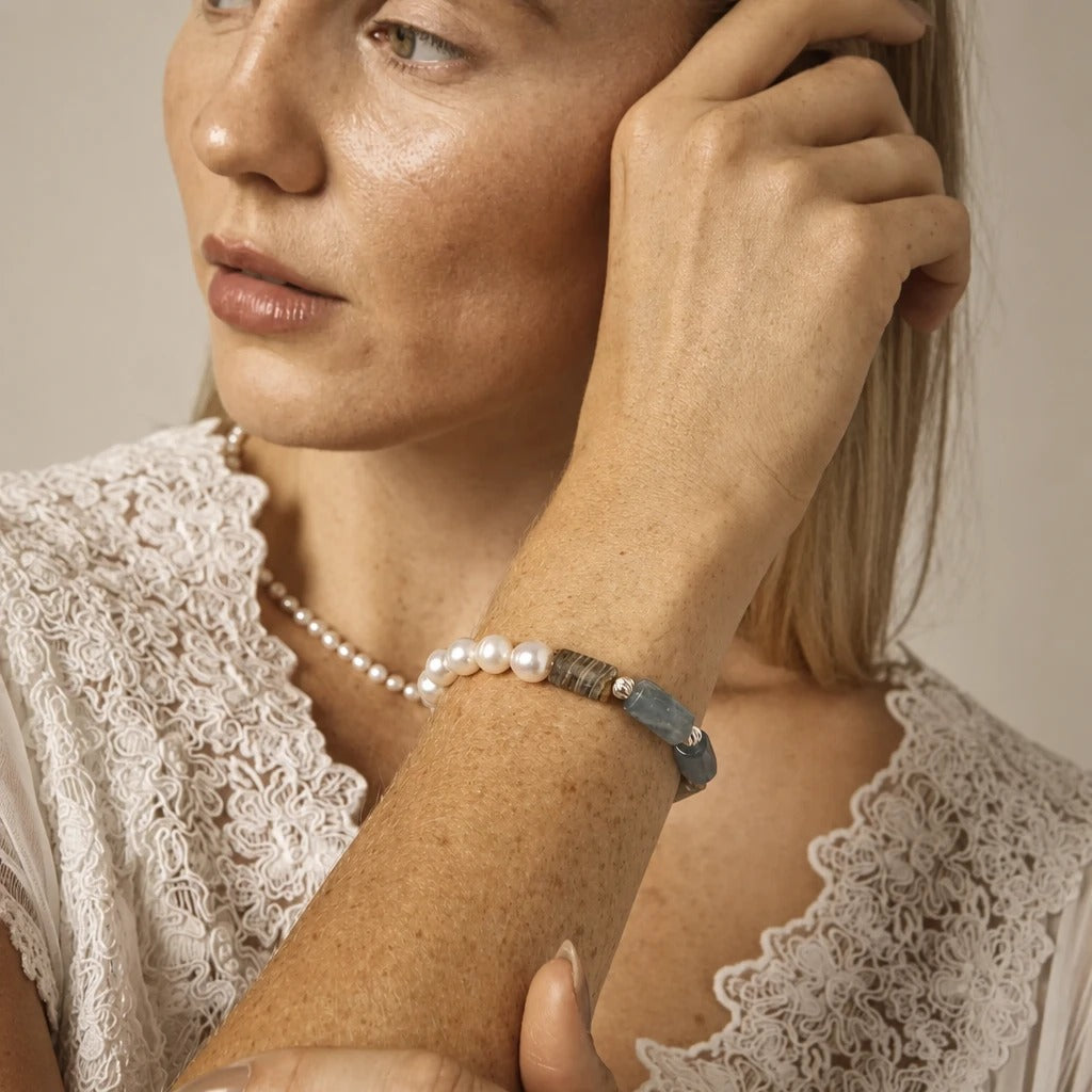 Sea Glass Stone & Pearl Bracelet