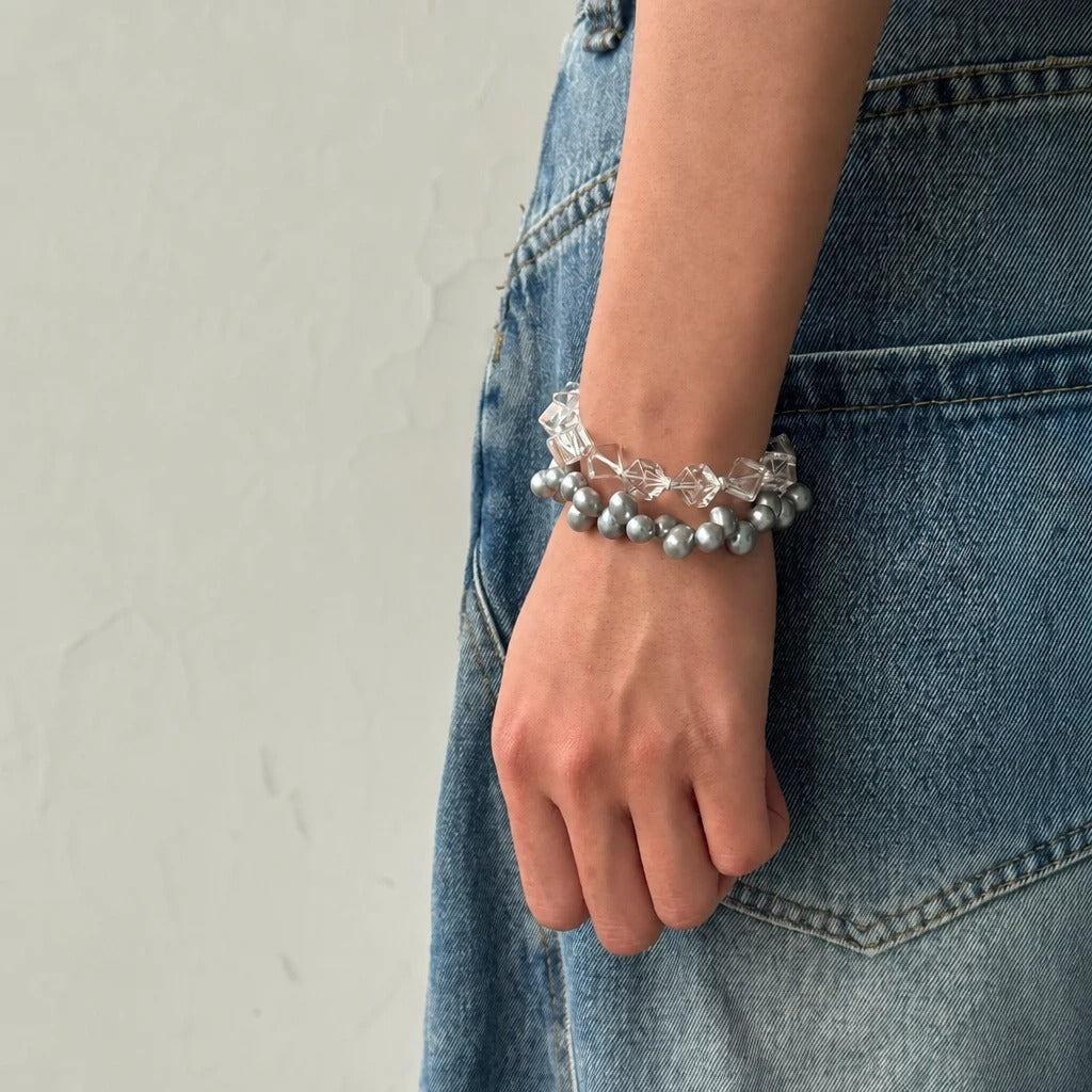 Grey Freshwater Pearl & White Quartz Double Bracelet