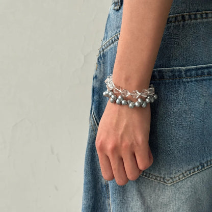 Grey Freshwater Pearl & White Quartz Double Bracelet