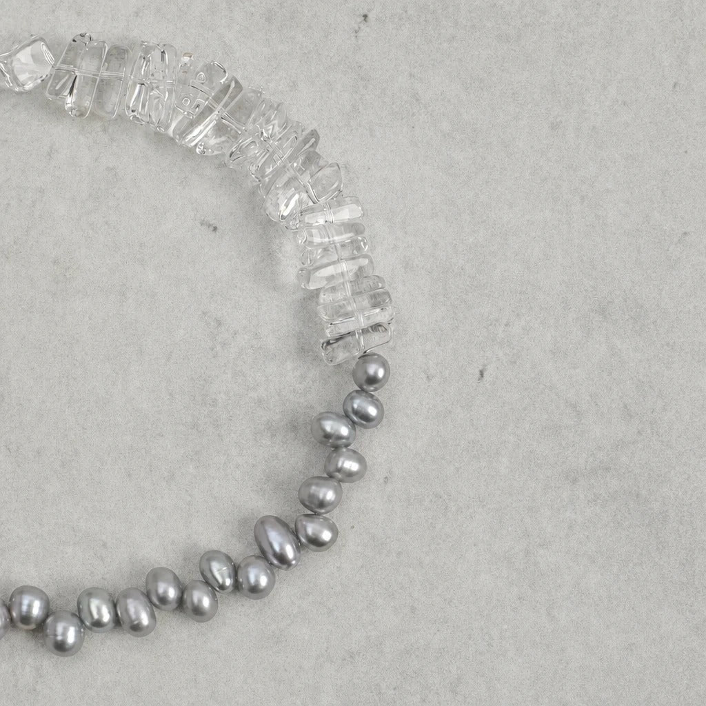 Grey Freshwater Pearl & White Quartz Double Bracelet