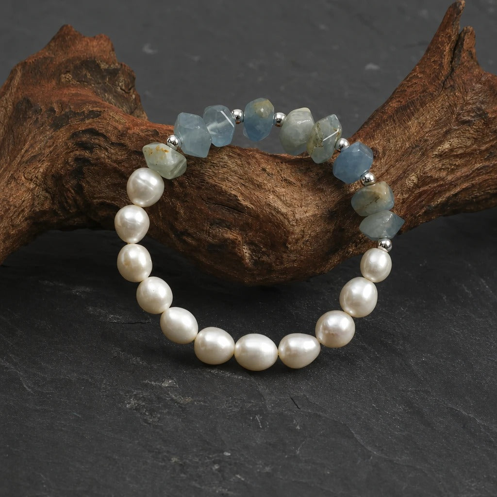 Sea Glass Stone & Pearl Bracelet