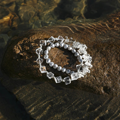 Grey Freshwater Pearl & White Quartz Double Bracelet