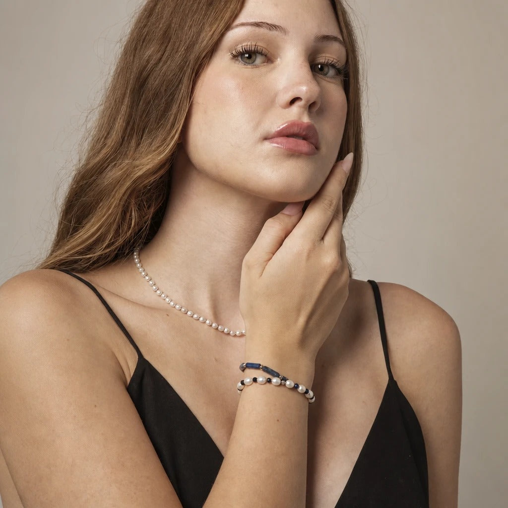 Midnight Lapis & Freshwater Pearl Bracelet