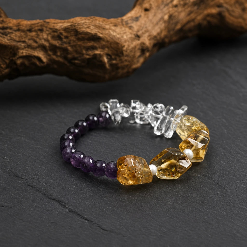 Citrine, White Crystal Spike & Amethyst Pearl Bracelet