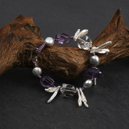 White Quartz Point, Amethyst & Baroque Pearl Bracelet