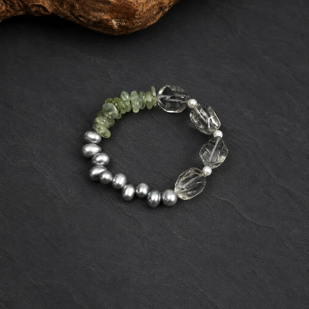 Green Crystal, Grey Pearl & Prehnite Bracelet