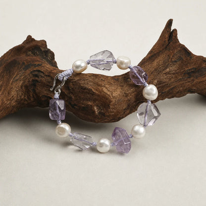 Amethyst & White Quartz Double Point Pearl Bracelet