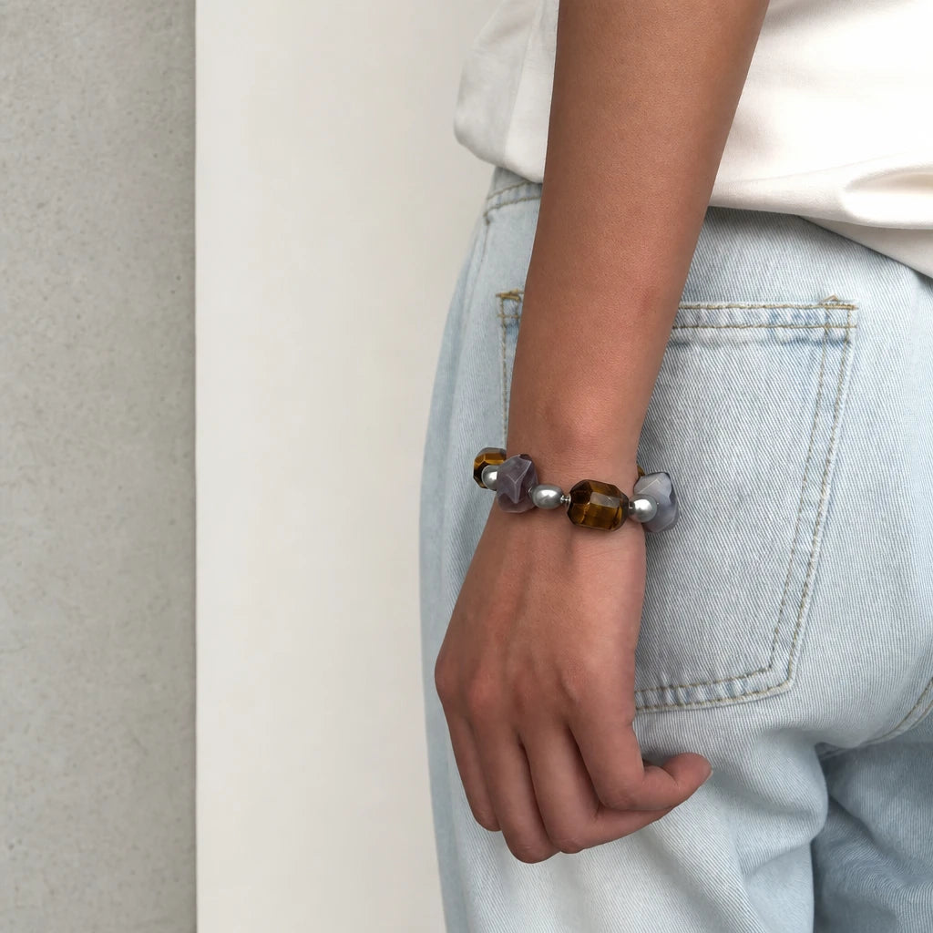 Tiger Eye & Grey Baroque Pearl Mixed Stone Bracelet