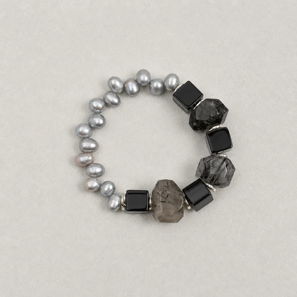 Black Onyx & Black Rutilated Quartz Pearl Bracelet