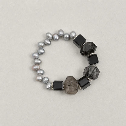 Black Onyx & Black Rutilated Quartz Pearl Bracelet