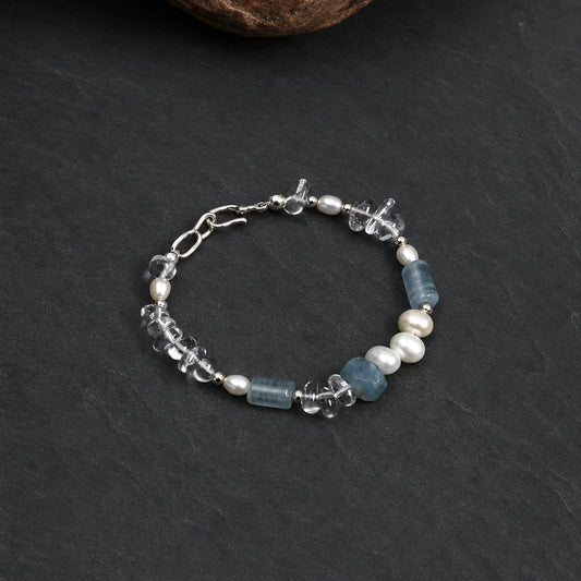 Close-up of blue chalcedony and white quartz crushed ice bracelet
