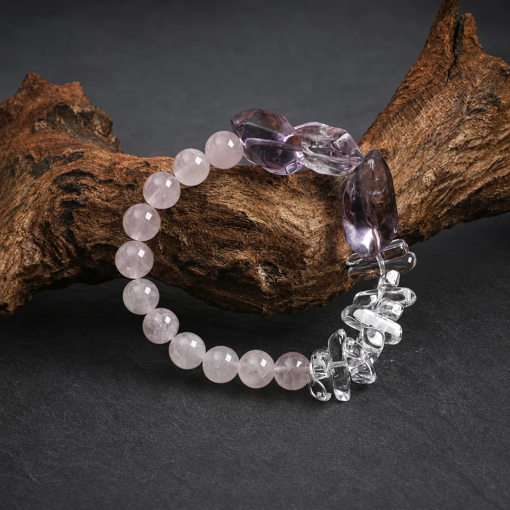 Amethyst, Rose Quartz & White Crystal Spike Bracelet