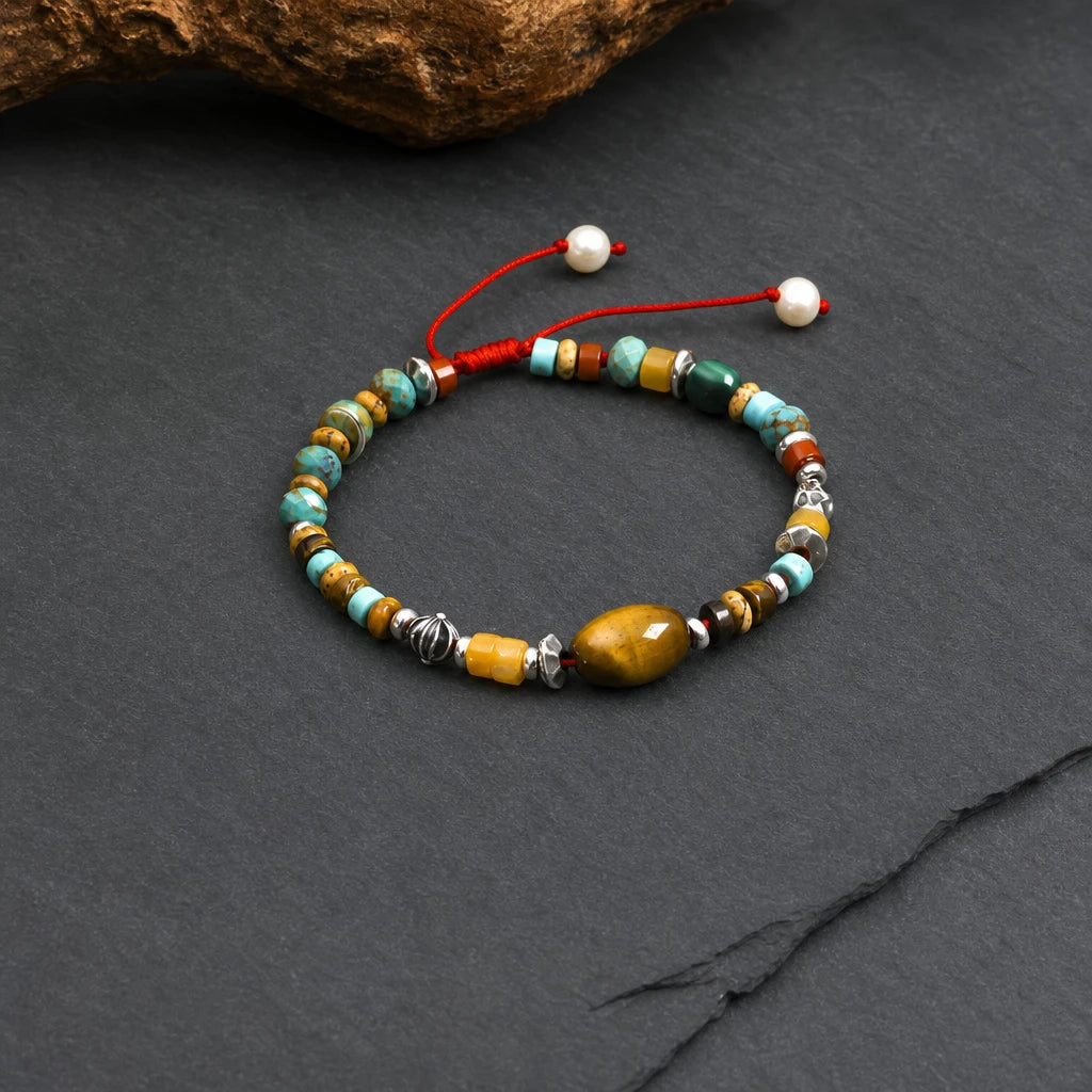 Tiger Eye & Turquoise Adjustable Red Cord Bracelet