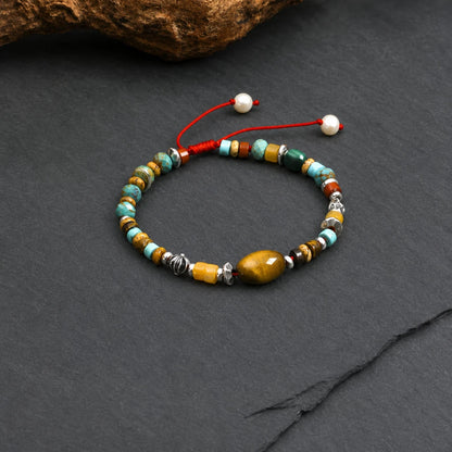 Tiger Eye & Turquoise Adjustable Red Cord Bracelet