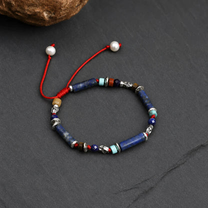 Lapis Lazuli & Pearl Adjustable Red Cord Bracelet