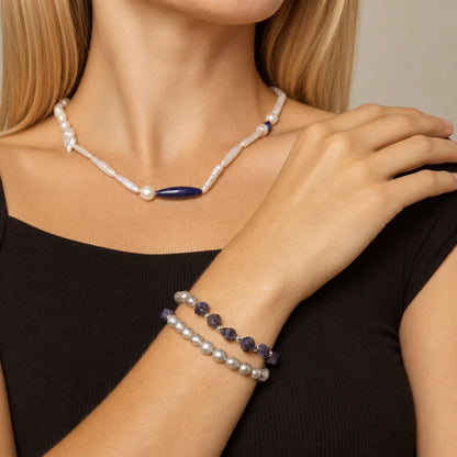 Grey Pearl & Blue Sodalite Double Layer Bracelet