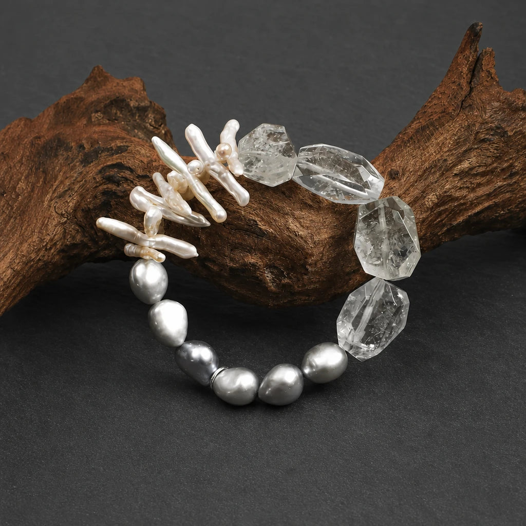 Green Crystal & Grey Baroque Pearl Bracelet
