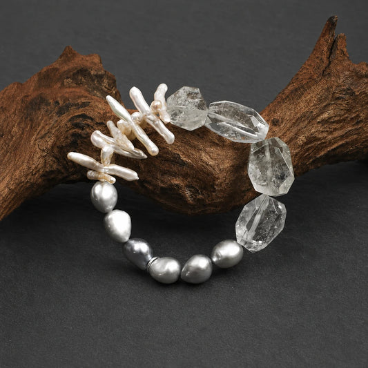Close-up of Green Crystal & Grey Baroque Pearl Bracelet