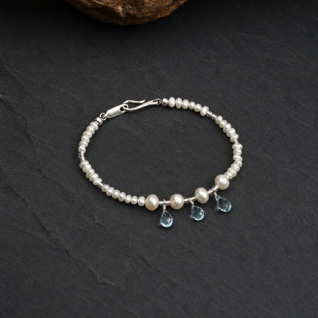 Flat Pearl, Egg Pearl & Blue Topaz Bracelet
