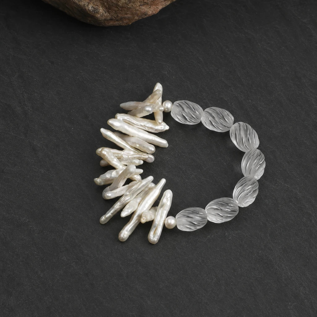 Baroque Stick Pearl & White Quartz Button Bracelet