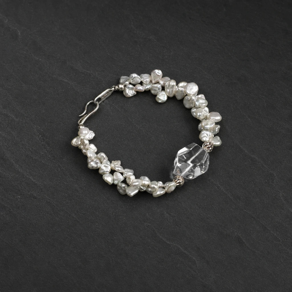 White Quartz Double Point & Petal Baroque Pearl Bracelet