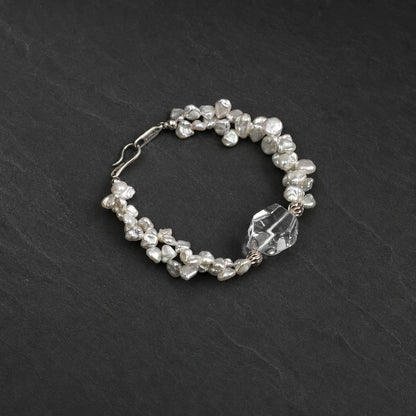 White Quartz Double Point & Petal Baroque Pearl Bracelet