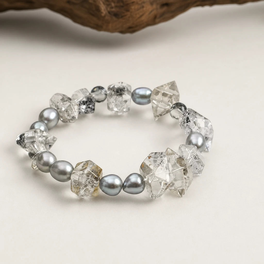 Black Obsidian Double Point & Grey Bead Bracelet