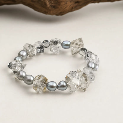 Black Obsidian Double Point & Grey Bead Bracelet