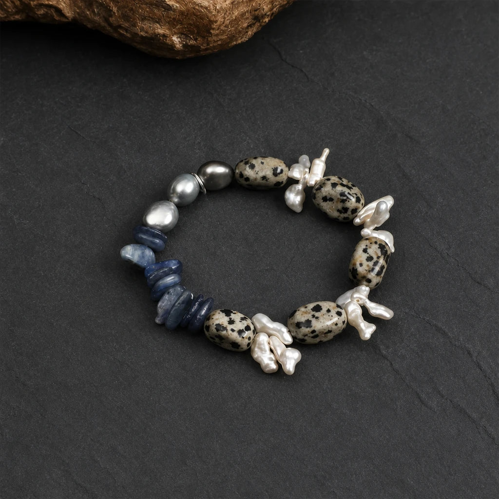 Spotted Stone, Grey Baroque Pearl & Blue Crystal Bracelet