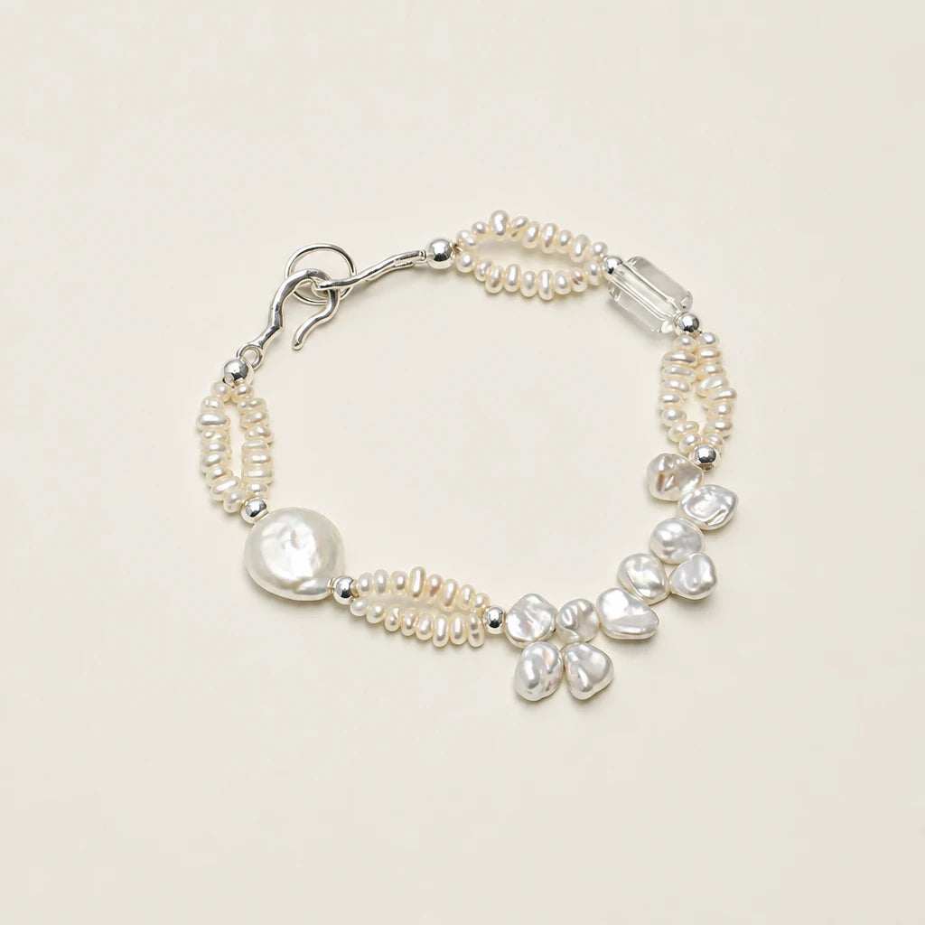 Baroque Petal Pearl & White Quartz Silver Bracelet