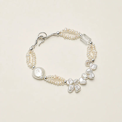 Baroque Petal Pearl & White Quartz Silver Bracelet