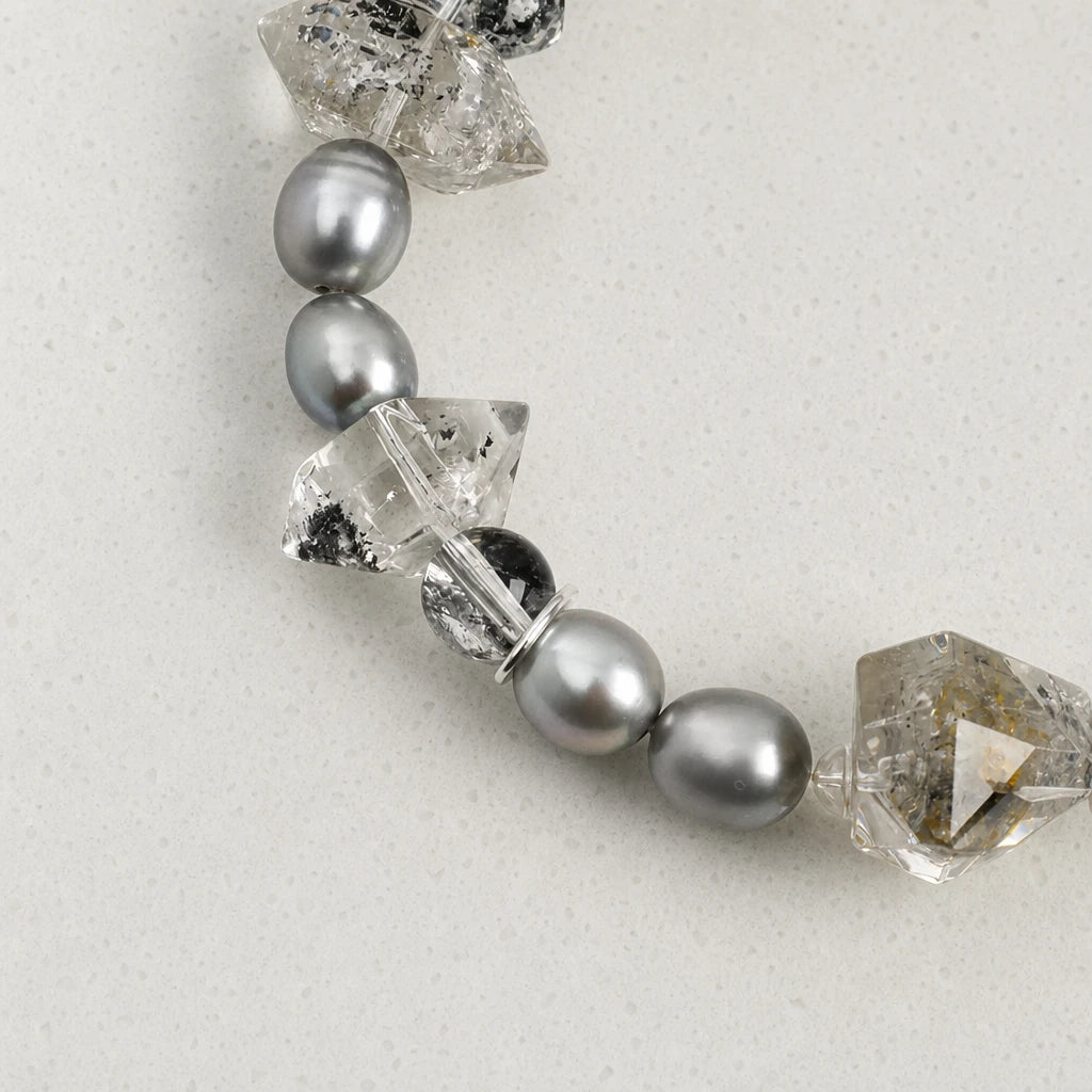Black Obsidian Double Point & Grey Bead Bracelet