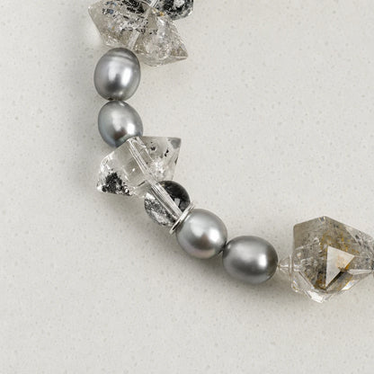 Black Obsidian Double Point & Grey Bead Bracelet