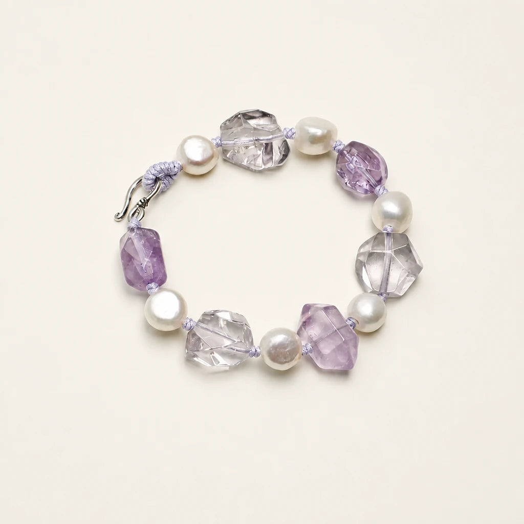 Amethyst & White Quartz Double Point Pearl Bracelet