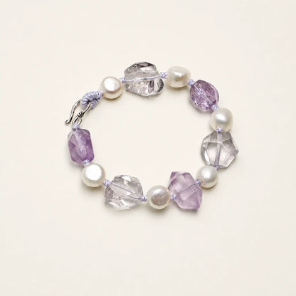 Amethyst & White Quartz Double Point Pearl Bracelet