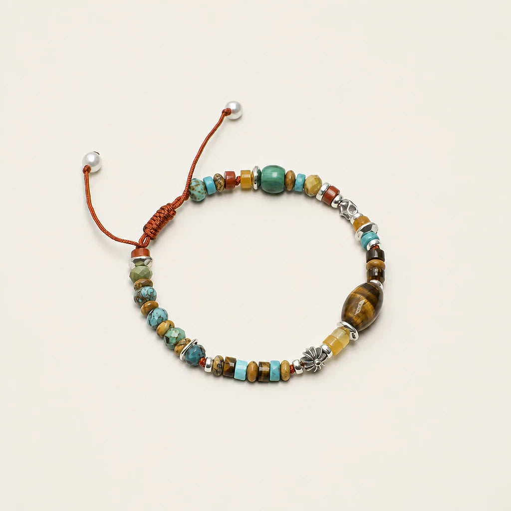 Tiger Eye & Turquoise Adjustable Red Cord Bracelet