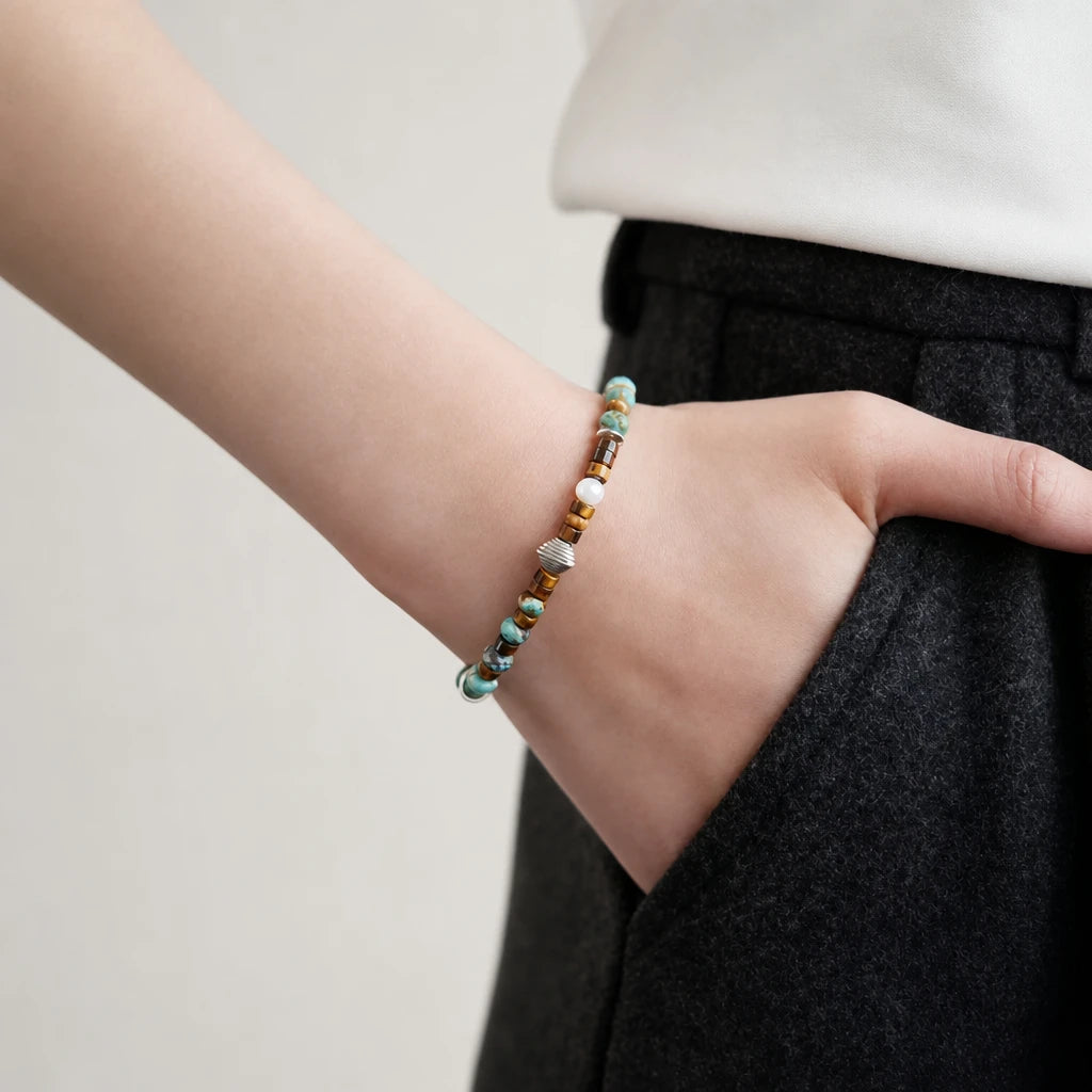 Tiger Eye & Turquoise Sterling Silver Bracelet