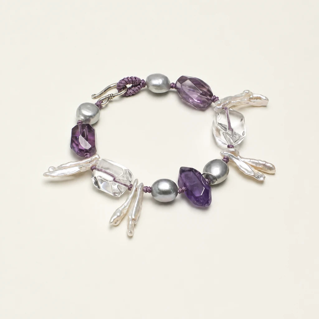 White Quartz Point, Amethyst & Baroque Pearl Bracelet