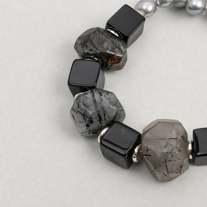 Black Onyx & Black Rutilated Quartz Pearl Bracelet