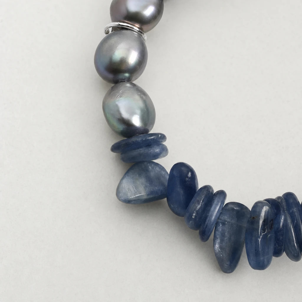 Spotted Stone, Grey Baroque Pearl & Blue Crystal Bracelet