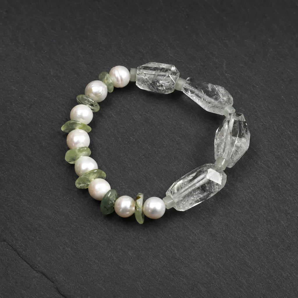 Green Crystal, Prehnite & Freshwater Pearl Bracelet